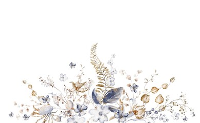 Watercolor botanical arrangement with dried flowers for wedding and invitation. Floral illustration for card and stationery. Isolated composition for design and decoration.