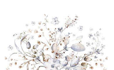 Watercolor botanical arrangement with dried flowers for wedding and invitation. Floral illustration for card and stationery. Isolated composition for design and decoration.