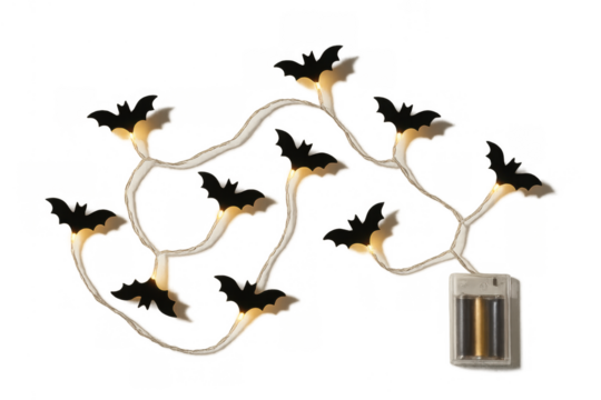 Halloween bat string lights illuminating spooky festive decoration with warm glow and battery pack, transparent background