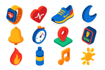 Active Lifestyle Icons. Isometric vector illustration set Active Lifestyle Icons: smartwatch, heartbeat, sports shoe, moon for