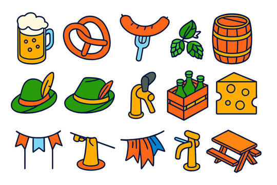 Beer Culture Icons. Isometric vector illustration set Beer Culture Linear Icons: beer mug, pretzel, sausage, Tyrolean hat,