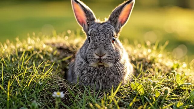 Rabbit in natural environment close up of animal ears up nestled in green grass sunlight and wildlife