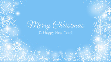 Bright winter Merry Christmas and Happy New Year card with glowing snowflakes and sparkling frost border, light festive holiday greeting in soft blue winter style