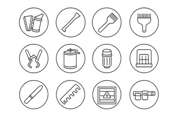 Beekeeping Tools Icons. Line style icons of beekeeping tools in round shape: smoker, hive tool, bee brush, uncapping fork; frame