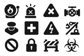 Emergency Halt Icons. Solid style icons of emergency halt: fire alarm stop, siren off, hazard blocked, gas valve closed, emergency
