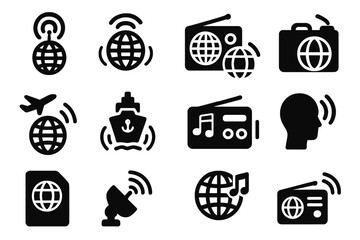 Global Radio Icons. Solid style icons of global radio: globe with antenna, world waves, international station, travel radio,
