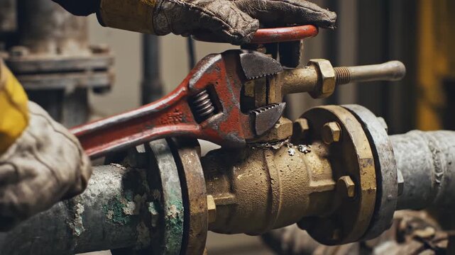 Industrial Valve Maintenance - Close-Up of Wrench Tightening Pipe.