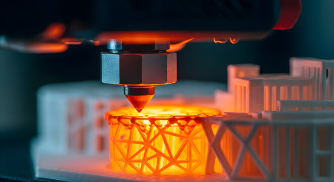 Close-up of a 3D printer head printing a complex geometric shape showcasing additive manufacturing technology ideal for engineering and innovation concepts
