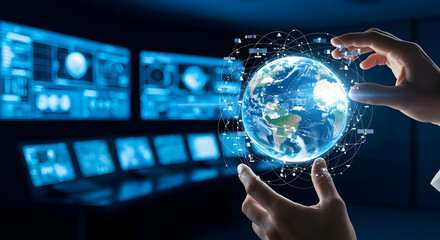 Hands holding a digital globe with network connections futuristic technology concept for global communication and data analysis in a modern control room