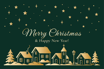 Merry Christmas and Happy New Year card with golden village scene and starry winter sky, cozy festive holiday illustration in classic warm Christmas style