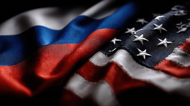 dark brutal russian and american flags background with copy space. political banner. russia vs america. superpower.