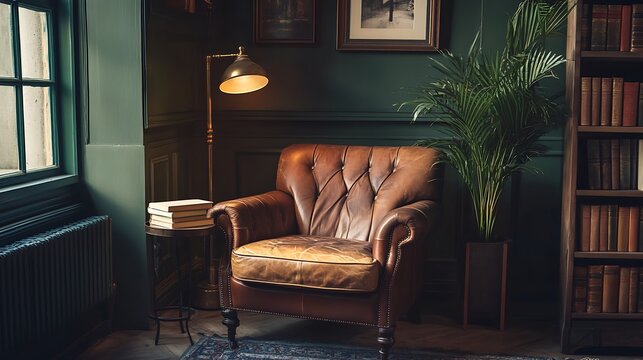 Cozy leather armchair in a dimly lit library with a floor lamp - Powered by Adobe