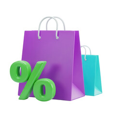 Purple shopping bag with percentage sign isolated on transparent background