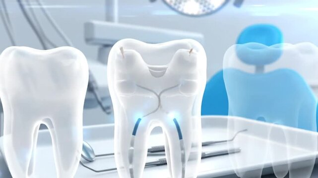 Dental illustration showing root canal treatment process removing infected pulp from a tooth