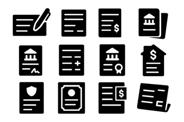 Banking Document Icons. Solid style icons of Banking documents: cheque book, deposit slip, withdrawal slip, passbook, bank