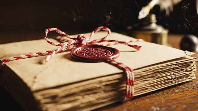 Stack of Vintage Envelopes Sealed with Red Wax and Tied with Red and White Twine