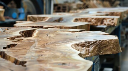 Wooden slabs arranged in a workshop. The surface shows natural patterns and textures. Tools and machinery are visible in the background.