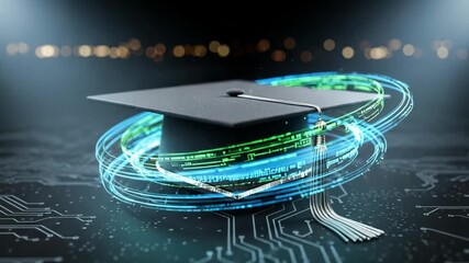 Graduation cap with digital data streams symbolizes futuristic education and tech advancement - Powered by Adobe