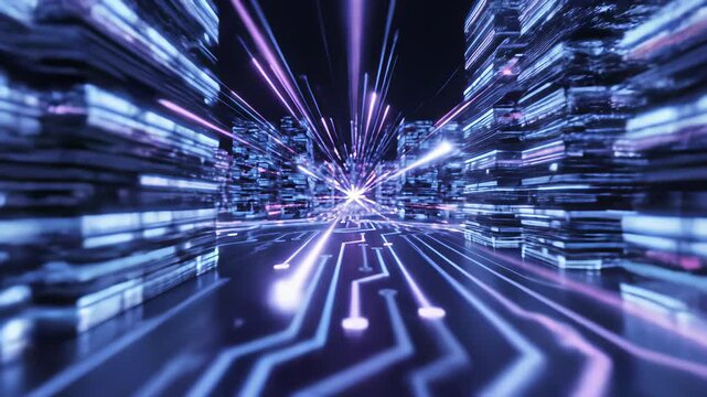 Computer circuit board aglow with blue and purple lights, capturing the innovative concept of cutting edge technology and its mesmerizing applications in modern digital realms.