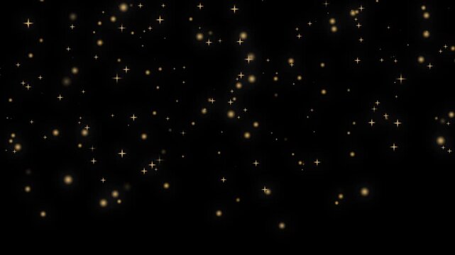  abstract gold glitter stars particles and bokeh overlay on black background. Falling Gold shiny stars and particles confetti for party celebration . abstract background with stars