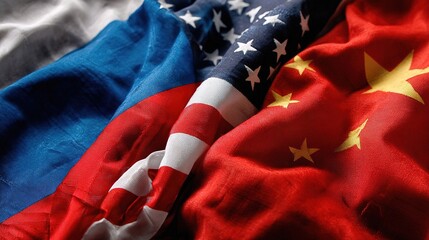 dark brutal russian, chinese and american flags background with copy space. political banner. russia vs america vs china. superpowers.
