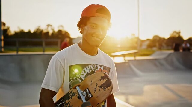 teen with skateboard at skatepark sunset, red cap worn backward, confident grin while holding board near ramps, warm backlight and lens flare, urban evening mood and relaxed street style