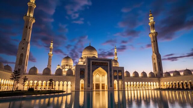 Grand architecture with domes and minarets reflected in the water under a colorful sunset sky