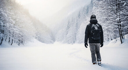 Man hiking through a snowy landscape in the mountains with a backpack on a winter day