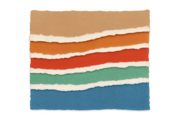 Colorful torn paper strips layered design on transparent background, creating abstract collage texture element