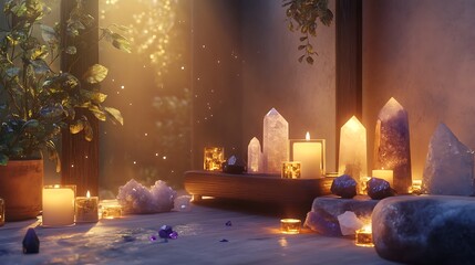 Serene meditation room filled with glowing crystals and candles