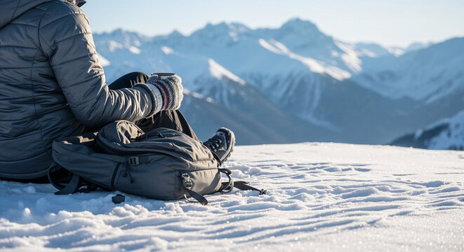 Hiker enjoying a warm drink while sitting on snowy mountaintop with a backpack