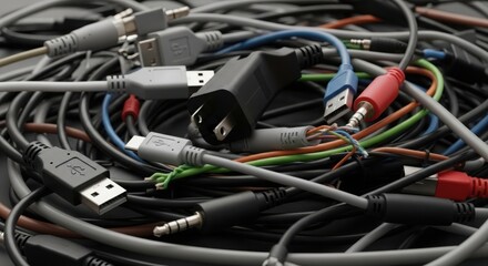 Tangled wires and cables in disorganized pile. Assorted types of wires connect devices, illustrating electronic waste management, recycling, and ecological concerns.