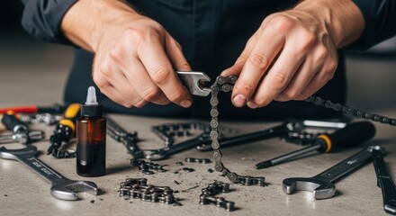 Bicycle chain being repaired on workbench, mechanic inspecting chain with wrench. Bicycle chain repair may require new parts and precision tools.
