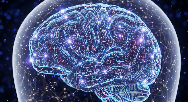 A digital brain with glowing blue lines and nodes inside a transparent head outline on dark background ai generated