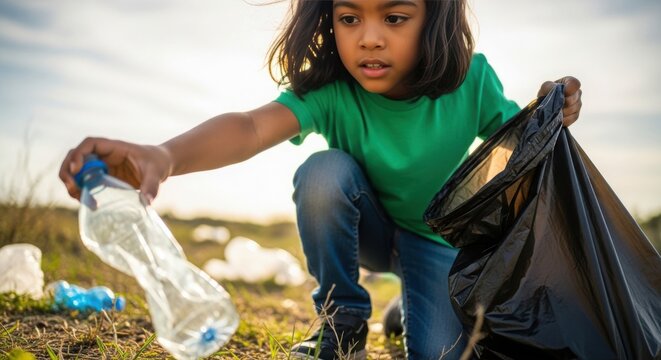 Little girl picking up trash from field, a thoughtful scene of environmental stewardship. Picking up trash, girl carefully collects plastic bottles and debris into a black garbage bag.