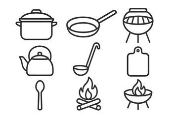 Camp Cooking Icons. Line style icons of Camp cooking: pot, pan, grill, kettle, ladle, cutting board, spoon, fire pit, No text, No