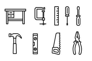 Fototapeta premium Workshop Tools Icons. Line style icons of Workshop Tools: Workbench, Clamp, Ruler, Screwdriver, Hammer, Level, Saw, Pliers, No