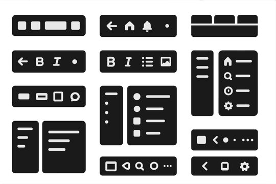 UI Toolbar Icons. Solid style icons of toolbars and headers: top bar menu, navigation header, action toolbar, tabbed menu icon,