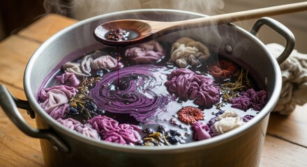 Natural dyeing with fabric scraps in pot, vibrant natural dyes are infused with vibrant colors in water. Natural dyeing with organic fabric scraps and wooden spoon for mixing dyes.