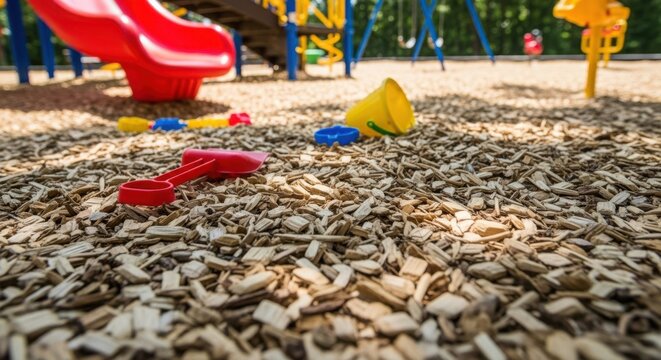 Playground mulch fills the space with colorful toys in disarray. Playground mulch provides a safe and soft landing for children, with slide and bucket nearby, creating an inviting scene.