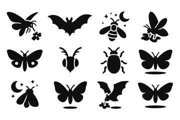 Nighttime Pollinator Icons. Solid style icons of Night Pollinators: moth hovering, bat in flight, bee at night, moth on petal,