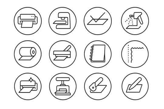 Print Finishing Icons. Line style round vector icons of Print Finishing: Laminator, Embosser, Crease Line, Varnish Coat; Foil Roll