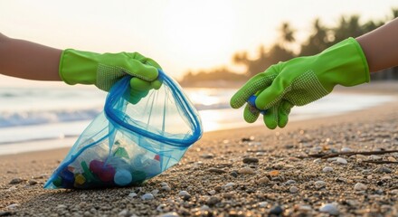 Hands picking up trash on beach, hands wearing green gloves collect waste. Cleaning beach involves eco activists eliminating waste.