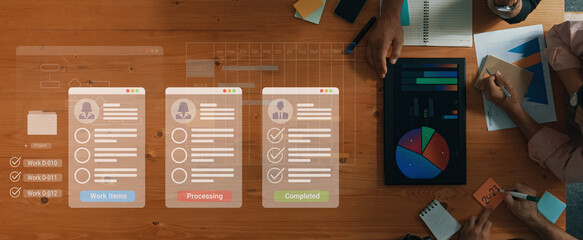 Digital interface displaying project tasks under Work Items, Processing, and Completed categories with Gantt chart timeline visualization Parse