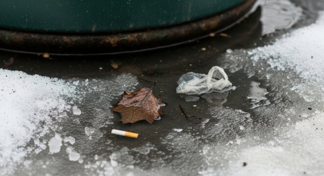 Witness roadside litter with cigarette butt and other debris on melting snow. Roadside litter includes signs of pollution, showing discarded trash. Roadside litter represents environmental neglect.