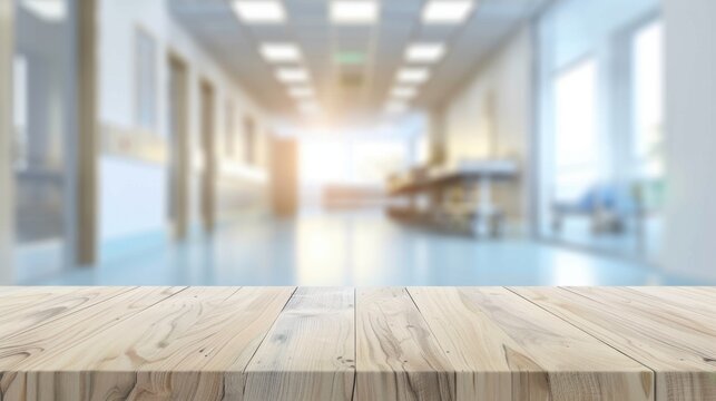 Empty wooden table in front of a bright modern office interior with desks and chairs. Workspace environment with natural light and blurred background.