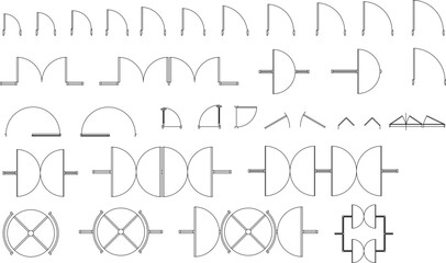 Vector plan view set of complex door symbols: double-action, revolving, sliding, and arched entrance doors.