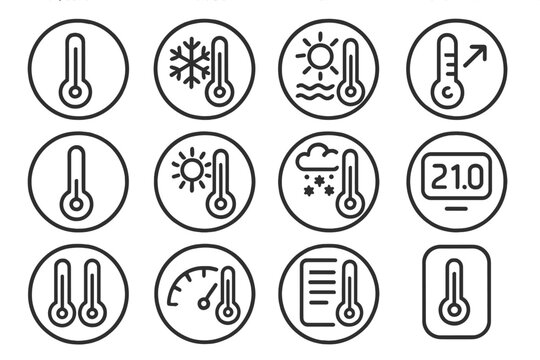 Temperature Icons Set. Line style icons of temperature in round shape: mercury thermometer, cold temperature icon, heatwave symbol