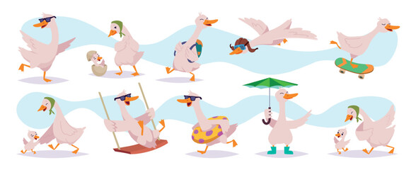 Obraz premium Duck. Cartoon cute goose in different posees exact vector funny birds illustration