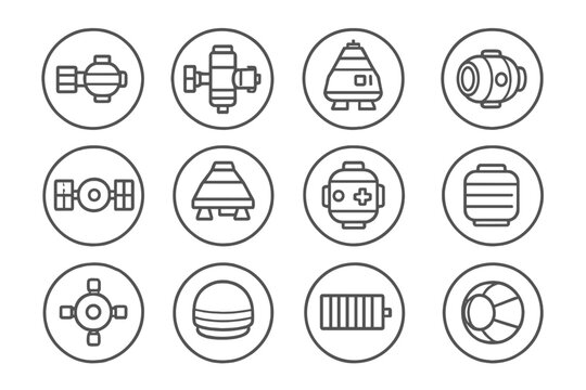 Space Module Icons. Line style round vector icons of Space Modules: Science Module, Living Module, Docking Module, Observation